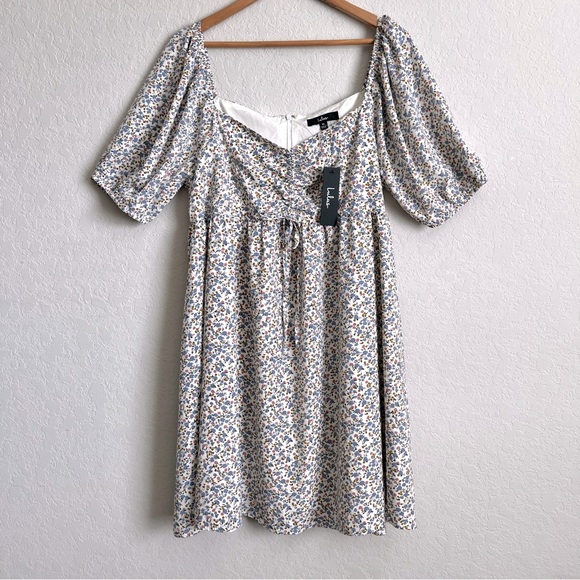 Lulus Floral Print Puff Sleeve Cinch Bodice Mini Dress Off White Blue XL NWT - Picture 7 of 15